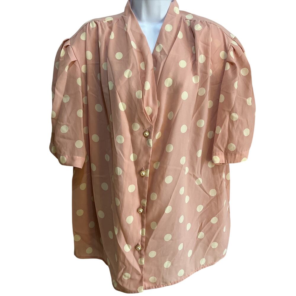 Jordan Vintage Plus Size 22W Pink Polka Dot Button Front Polyester Shirt
